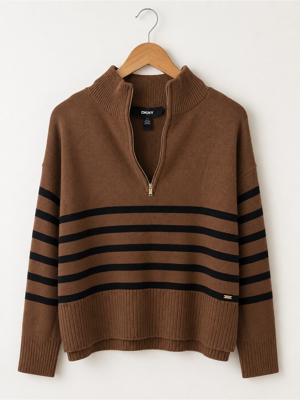 DKNY Women’s Brown & Black Striped Quarter-Zip Mock Neck Sweater